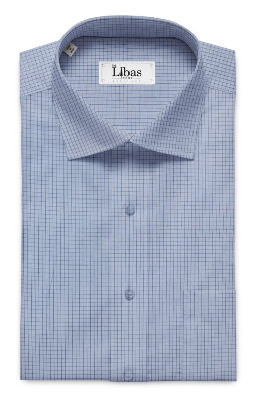 Soktas Men's Sky Blue 100% Giza Cotton Dark Blue Checks Shirt Fabric (1.60 M)