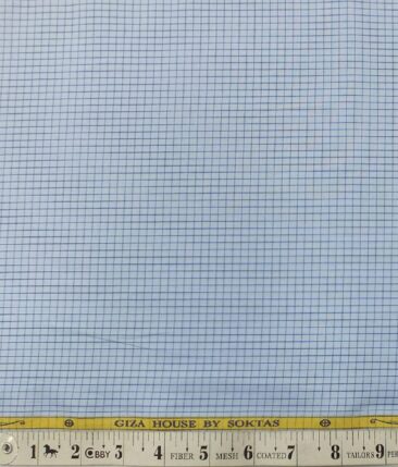 Soktas Men's Sky Blue 100% Giza Cotton Dark Blue Checks Shirt Fabric (1.60 M)