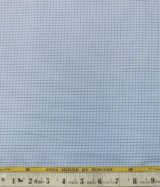Soktas Men's Sky Blue 100% Giza Cotton Dark Blue Checks Shirt Fabric (1.60 M)