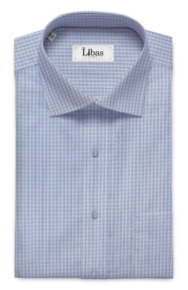 Soktas Men's White 100% Giza Cotton Blue Checks Shirt Fabric (1.60 M)