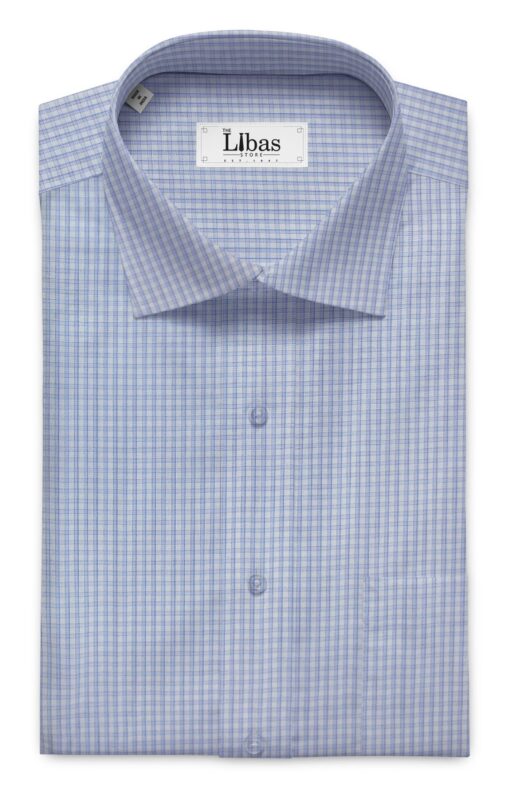 Soktas Men's White 100% Giza Cotton Blue Checks Shirt Fabric (1.60 M)