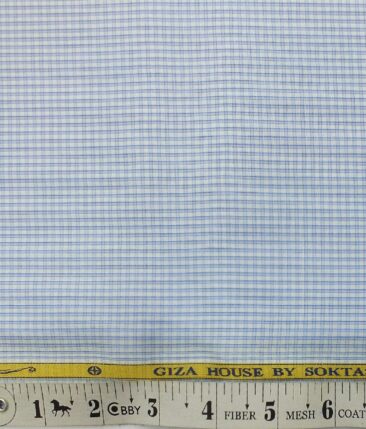 Soktas Men's White 100% Giza Cotton Blue Checks Shirt Fabric (1.60 M)