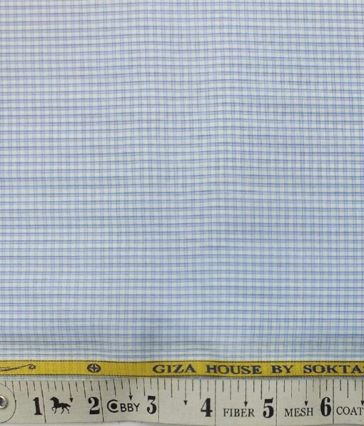 Soktas Men's White 100% Giza Cotton Blue Checks Shirt Fabric (1.60 M)