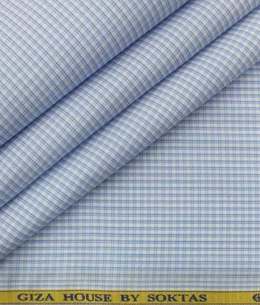 Soktas Men's White 100% Giza Cotton Blue Checks Shirt Fabric (1.60 M)