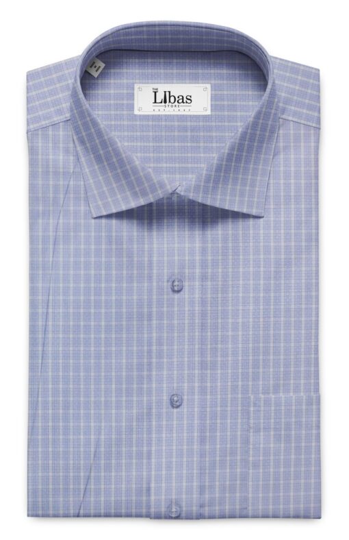 Soktas Men's Skyblue 100% Giza Cotton White Checks Shirt Fabric (1.60 M)