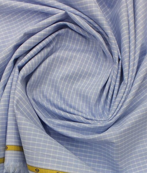 Soktas Men's Skyblue 100% Giza Cotton White Checks Shirt Fabric (1.60 M)