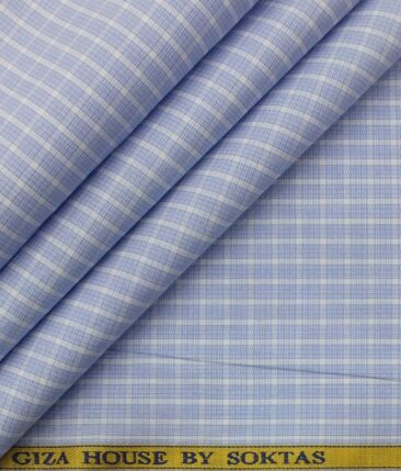 Soktas Men's Skyblue 100% Giza Cotton White Checks Shirt Fabric (1.60 M)