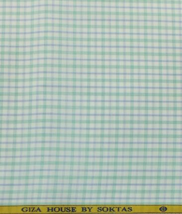 Soktas Men's White 100% Giza Cotton Green & Blue Checks Shirt Fabric (1.60 M)