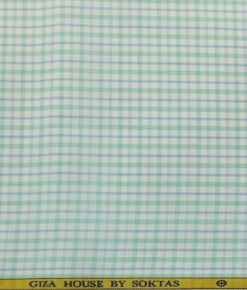 Soktas Men's White 100% Giza Cotton Green & Blue Checks Shirt Fabric (1.60 M)