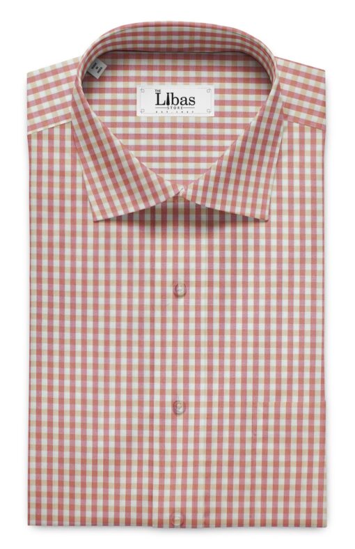 Soktas Men's White 100% Giza Cotton Pink Checks Shirt Fabric (1.60 M)