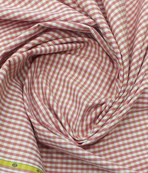 Soktas Men's White 100% Giza Cotton Pink Checks Shirt Fabric (1.60 M)