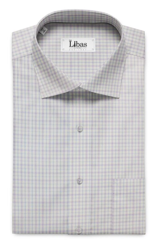 Soktas Men's White 100% Giza Cotton Purple & Blue Checks Shirt Fabric (1.60 M)