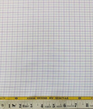 Soktas Men's White 100% Giza Cotton Purple & Blue Checks Shirt Fabric (1.60 M)