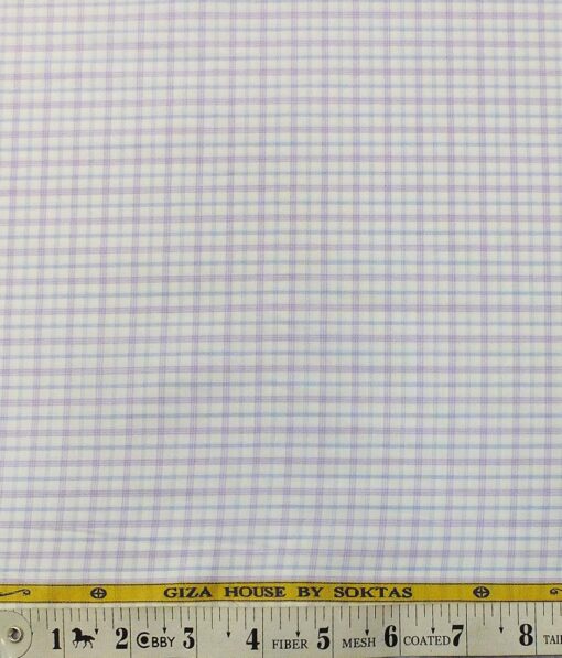 Soktas Men's White 100% Giza Cotton Purple & Blue Checks Shirt Fabric (1.60 M)