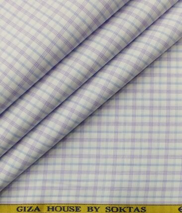 Soktas Men's White 100% Giza Cotton Purple & Blue Checks Shirt Fabric (1.60 M)