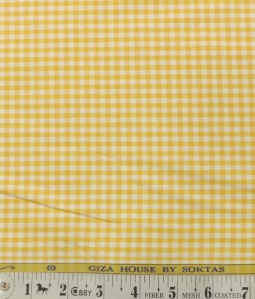 Soktas Men's White 100% Giza Cotton Yellow Checks Shirt Fabric (1.60 M)