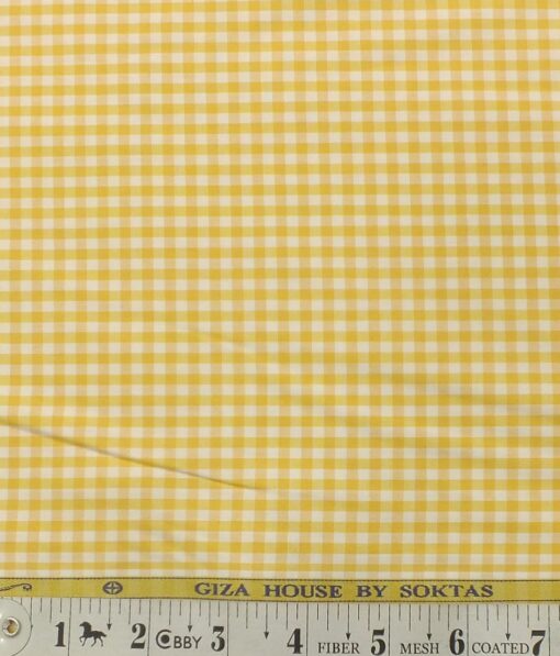 Soktas Men's White 100% Giza Cotton Yellow Checks Shirt Fabric (1.60 M)