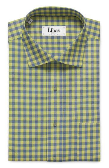 Soktas Men's Yellow 100% Giza Cotton Blue Checks Shirt Fabric (1.60 M)
