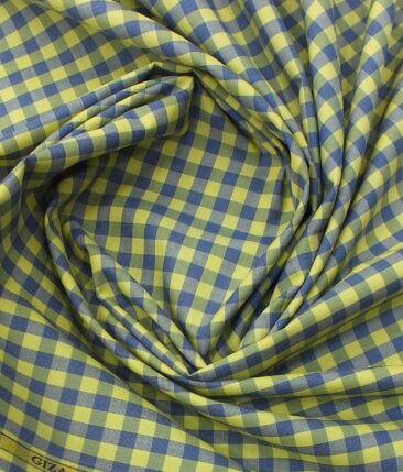 Soktas Men's Yellow 100% Giza Cotton Blue Checks Shirt Fabric (1.60 M)
