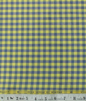 Soktas Men's Yellow 100% Giza Cotton Blue Checks Shirt Fabric (1.60 M)