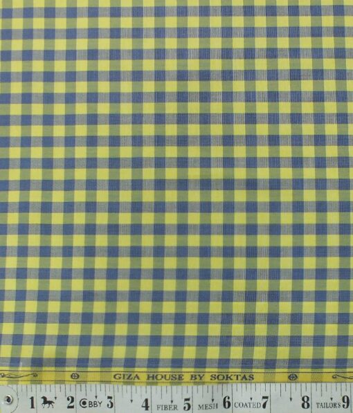 Soktas Men's Yellow 100% Giza Cotton Blue Checks Shirt Fabric (1.60 M)