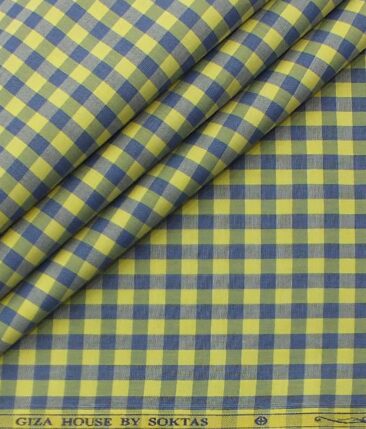 Soktas Men's Yellow 100% Giza Cotton Blue Checks Shirt Fabric (1.60 M)
