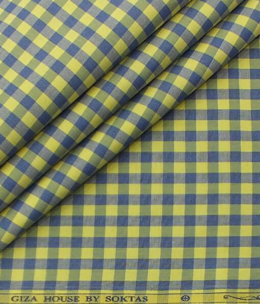 Soktas Men's Yellow 100% Giza Cotton Blue Checks Shirt Fabric (1.60 M)