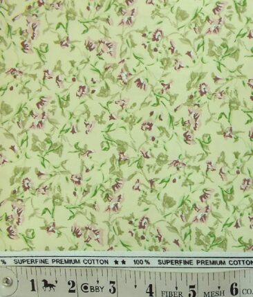 Solino Men's Light Yellow 100% Super Fine Premium Cotton Green & Purple Floral Print Shirt Fabric (1.60 M)