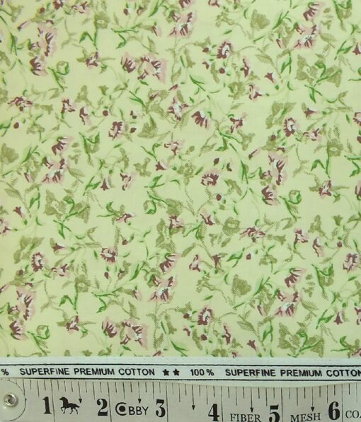 Solino Men's Light Yellow 100% Super Fine Premium Cotton Green & Purple Floral Print Shirt Fabric (1.60 M)