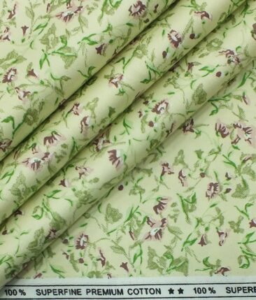 Solino Men's Light Yellow 100% Super Fine Premium Cotton Green & Purple Floral Print Shirt Fabric (1.60 M)