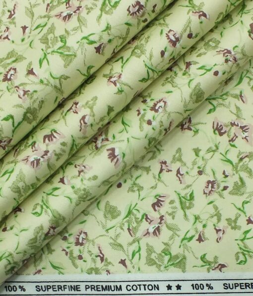 Solino Men's Light Yellow 100% Super Fine Premium Cotton Green & Purple Floral Print Shirt Fabric (1.60 M)