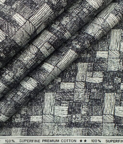 Solino Men's White 100% Super Fine Premium Cotton Black Print Shirt Fabric (1.60 M)