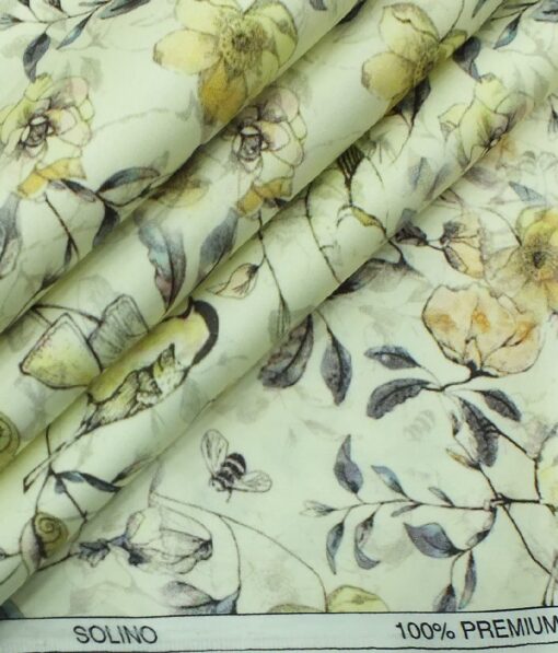 Solino Men's Light Yellow 100% Premium Cotton Digital Floral Print Shirt Fabric (1.60 M)