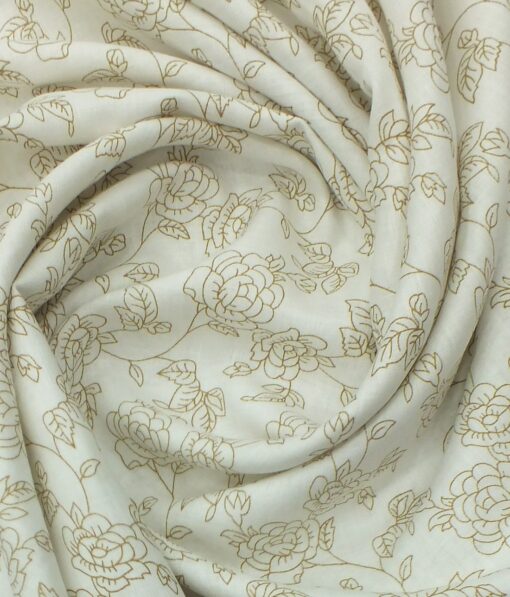 Linen Club Off White  100% Pure Linen 60 LEA Brown Floral Print Shirt Fabric (1.60 M)