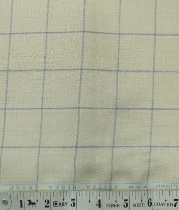 Linen Club Beige 100% Pure Linen Blue Check Trouser Fabric (1.30 M)