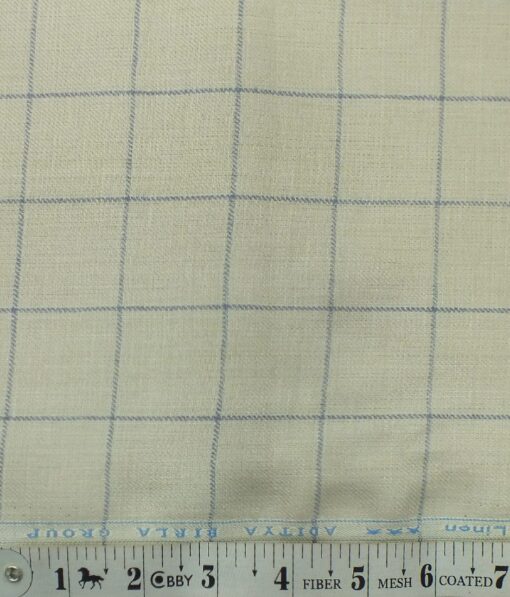 Linen Club Beige 100% Pure Linen Blue Check Trouser Fabric (1.30 M)