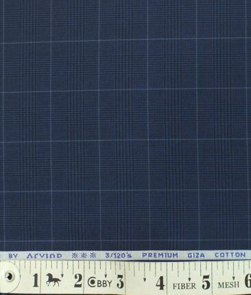 Arvind Dark Navy Blue Self Check 3 Ply 120's Egyptian Giza Cotton Trouser Fabric (Unstitched - 1.30 Mtr)