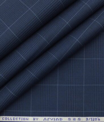 Arvind Dark Navy Blue Self Check 3 Ply 120's Egyptian Giza Cotton Trouser Fabric (Unstitched - 1.30 Mtr)
