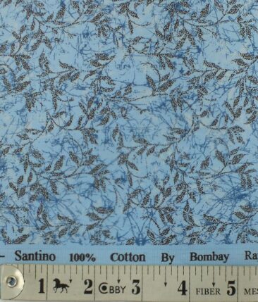 Bombay Rayon Men's Medium Sky Blue 100% Cotton Black Floral Print Shirt Fabric (1.60 M)