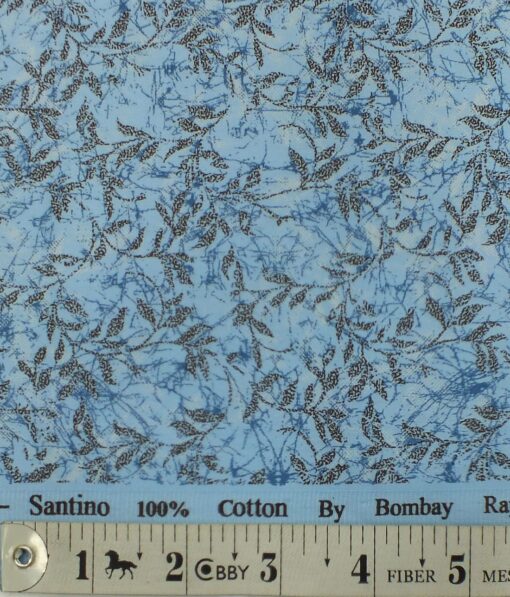 Bombay Rayon Men's Medium Sky Blue 100% Cotton Black Floral Print Shirt Fabric (1.60 M)