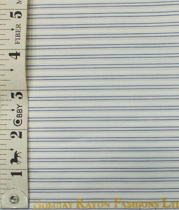 Bombay Rayon Men's White 100% Premium Cotton Blue Stripes Shirt Fabric (1.60 M)