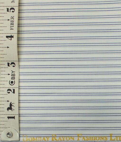 Bombay Rayon Men's White 100% Premium Cotton Blue Stripes Shirt Fabric (1.60 M)