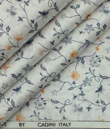 Cadini by Siyaram's Men's White 100% Cotton Floral Printed Shirt Fabric (1.60 M)