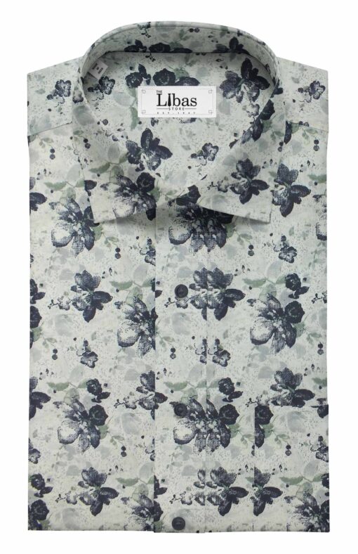 Exquisite Men's White 100% Cotton Dark Blue Floral Printed Shirt Fabric (1.60 M)
