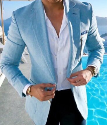 Nemesis Sky Blue 100% Super Luxury Irish Linen Self Design Bandh Gala or Blazer Fabric (2.00 M)
