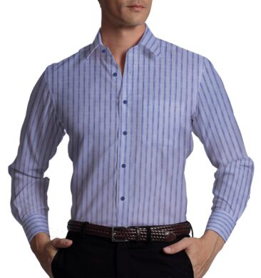 Exquisite Sky Blue base with Blue Stripes Cotton Blend Shirt Fabric (2.40 M)