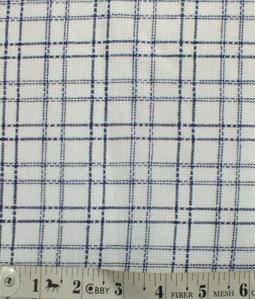 Exquisite Khadi Look White base Blue Checks Cotton Blend Shirt Fabric (2.40 M)