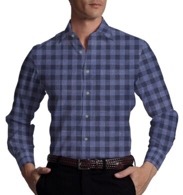 Exquisite Khadi Look Navy & Sky Blue Checks Cotton Blend Shirt Fabric (2.40 M)