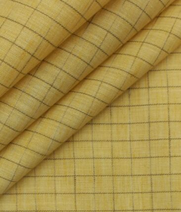 Exquisite Khadi Look Mango Yellow base Brown Checks Cotton Blend Shirt Fabric (2.40 M)