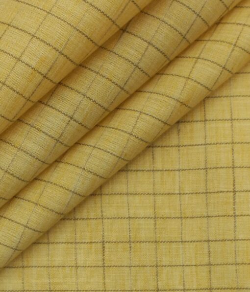 Exquisite Khadi Look Mango Yellow base Brown Checks Cotton Blend Shirt Fabric (2.40 M)